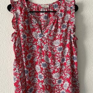 LOFT Red and Silver Smocked Ruffled Blouse
